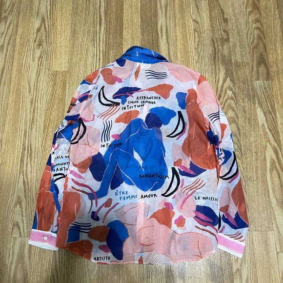 Sezane Pierro button Shirt in Femme silk blue red pink Size 38 - Picture 6 of 6